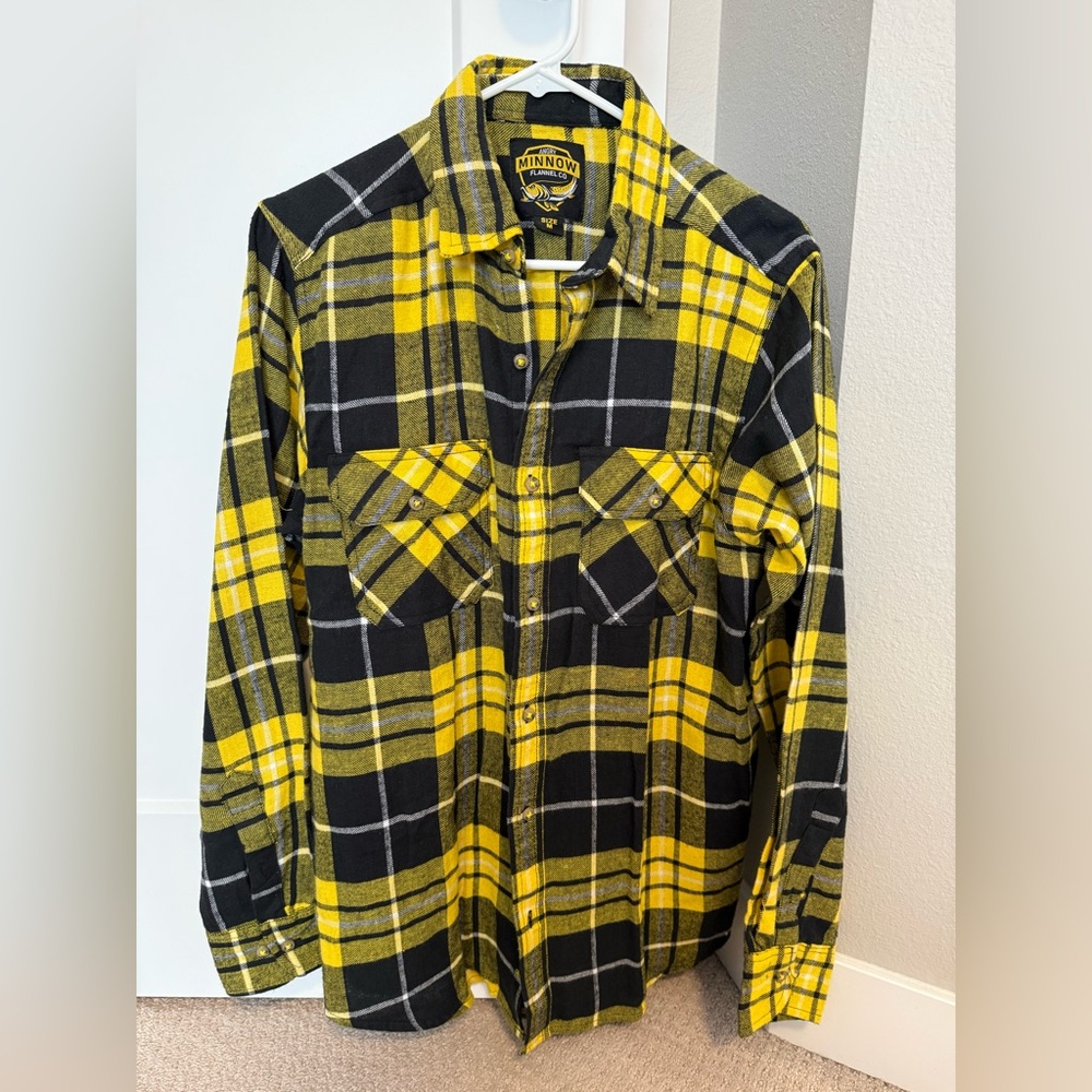 Angry Minnow Clothing Co. Unisex Yellow and Navy Plaid Shirt, Medium